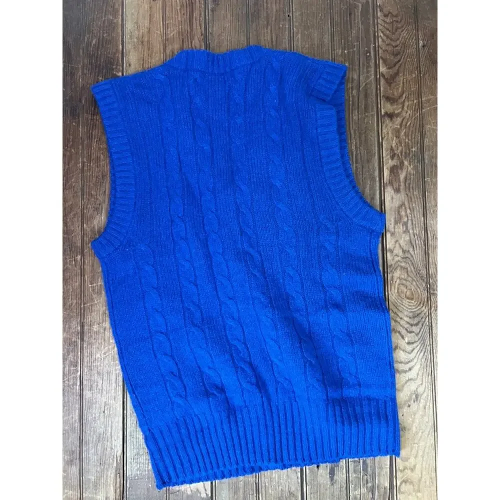 Vintage men’s classic sweater vest Cable Knit V-Neck wool Royal Blue size s